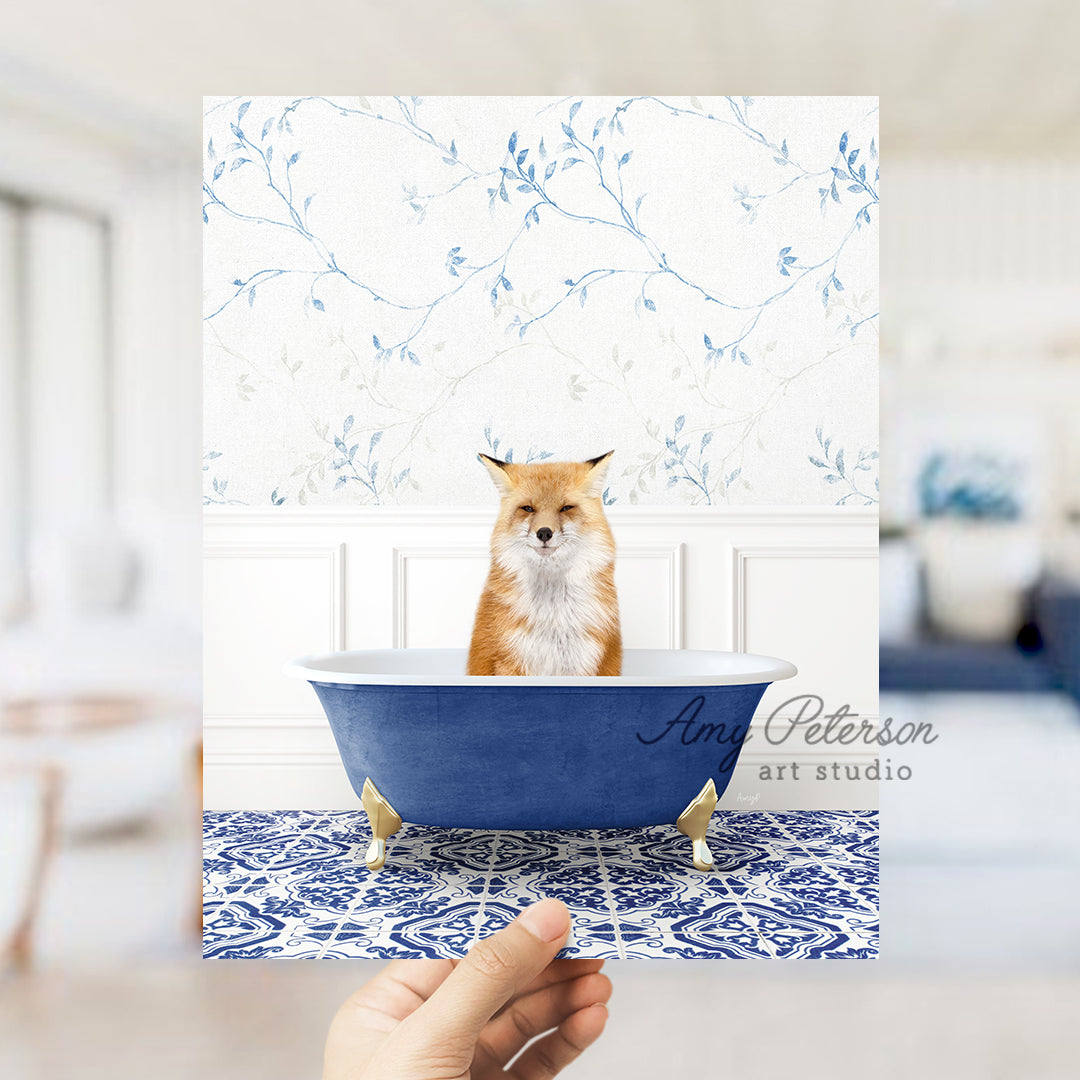 a person holding a card with a picture of a fox in a bathtub