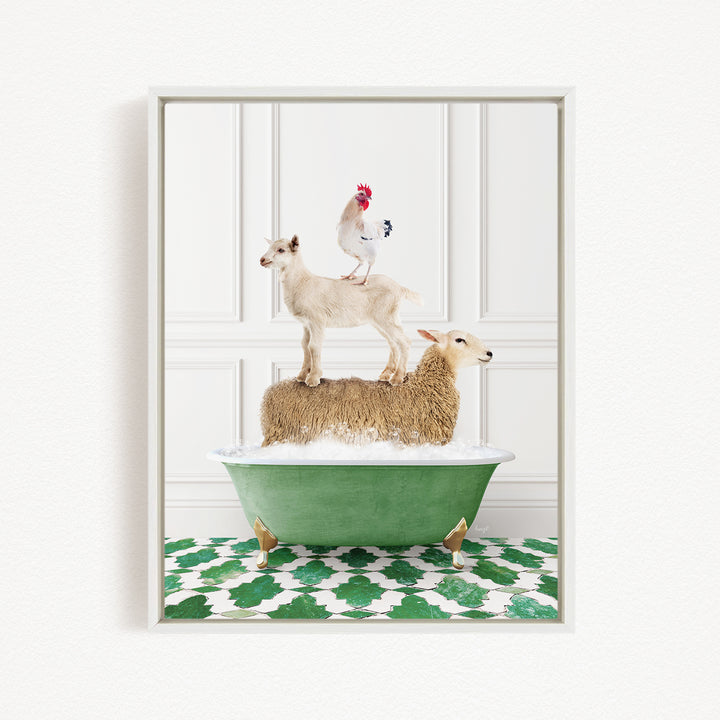 A framed image depicting a sheep standing on a goat's back, with a rooster perched on top of the goat, all atop a green bathtub.