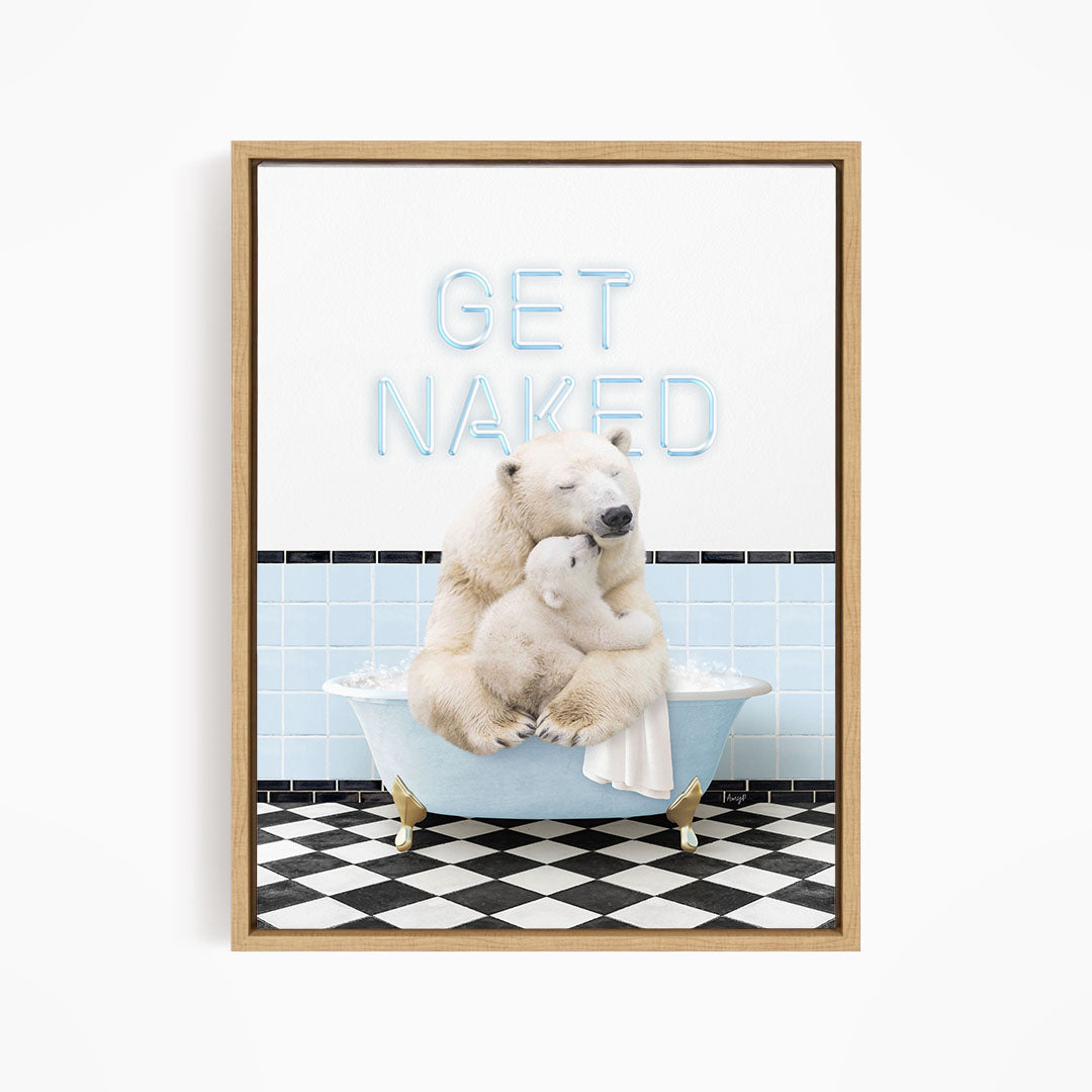 A polar bear sitting in a bathtub with the text "GET NAKED" written above it.