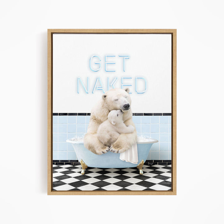 A polar bear sitting in a bathtub with the text "GET NAKED" written above it.