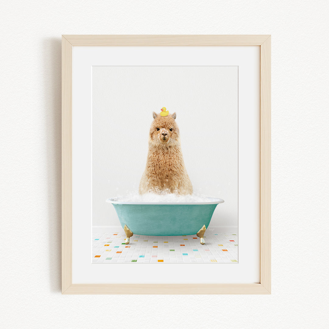 A fluffy alpaca sits in a blue bathtub filled with bubbles, wearing a yellow crown and surrounded by small yellow ducks.