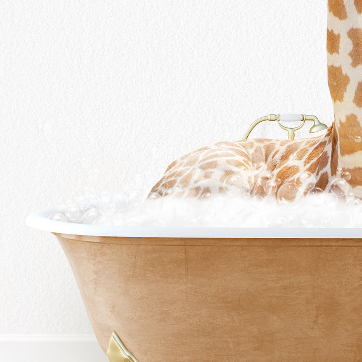 a giraffe laying down in a bath tub