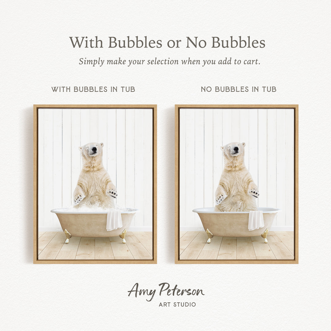 The image is a collage of two pictures featuring a polar bear sitting in a bathtub. The polar bear is either sitting in the tub with bubbles or without bubbles, depending on the viewer's interpretation. The collage is presented in a framed format, and the artist's name, Amy Peterson, is credited at the bottom.