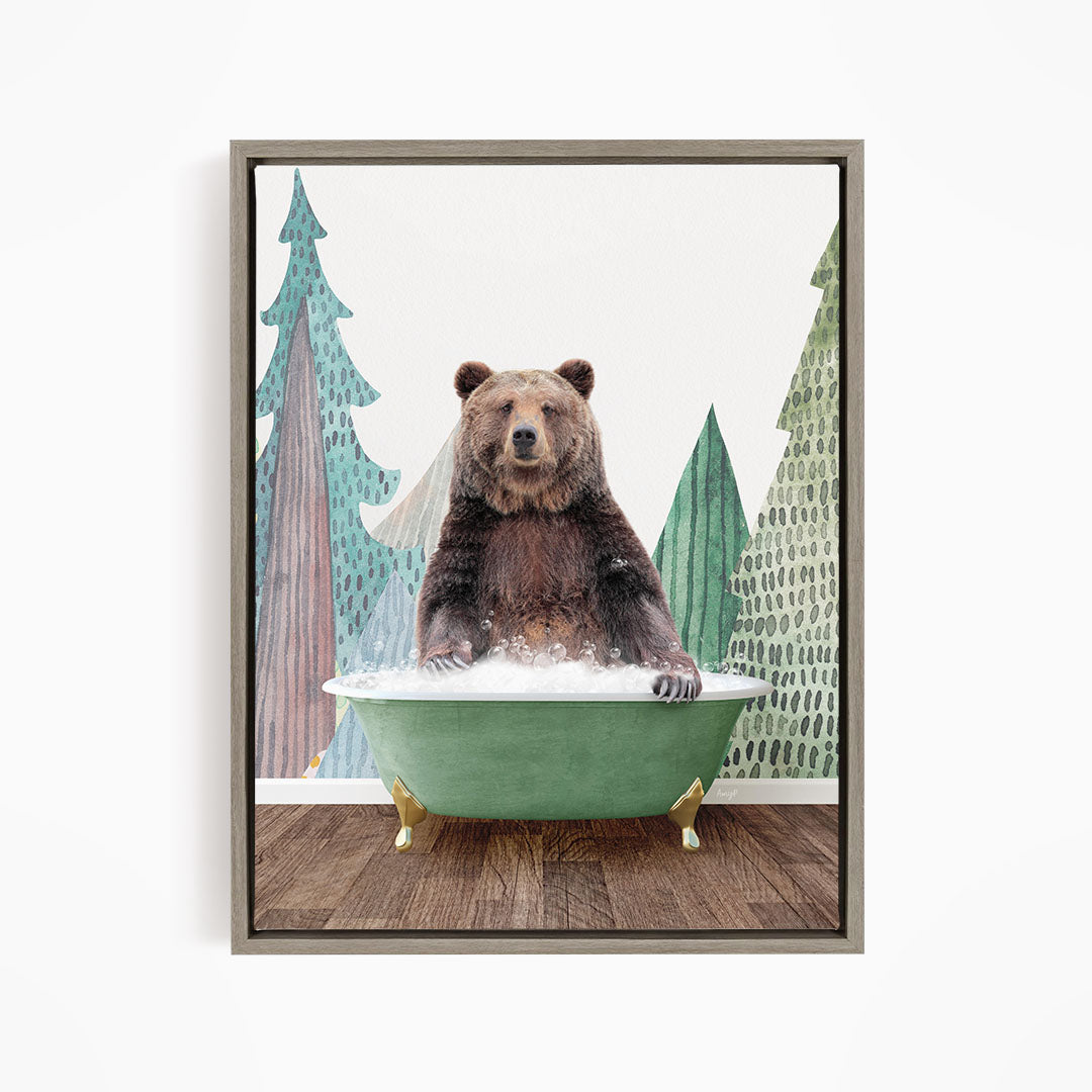 A brown bear sitting in a green bathtub, surrounded by trees and a forest-like background.