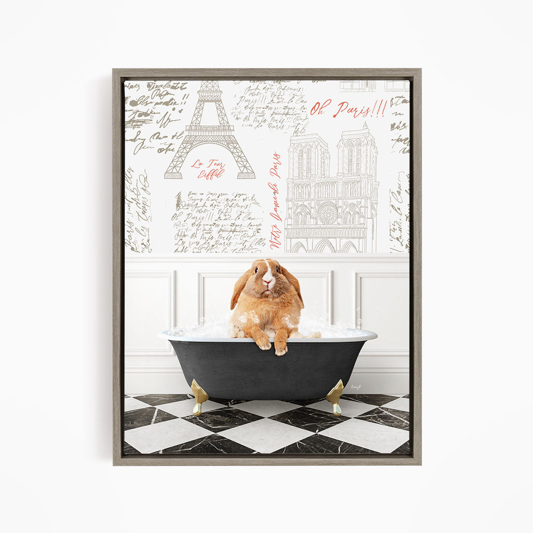 A brown rabbit sitting in a bathtub filled with water, surrounded by a Paris-themed background with the Eiffel Tower and other landmarks.