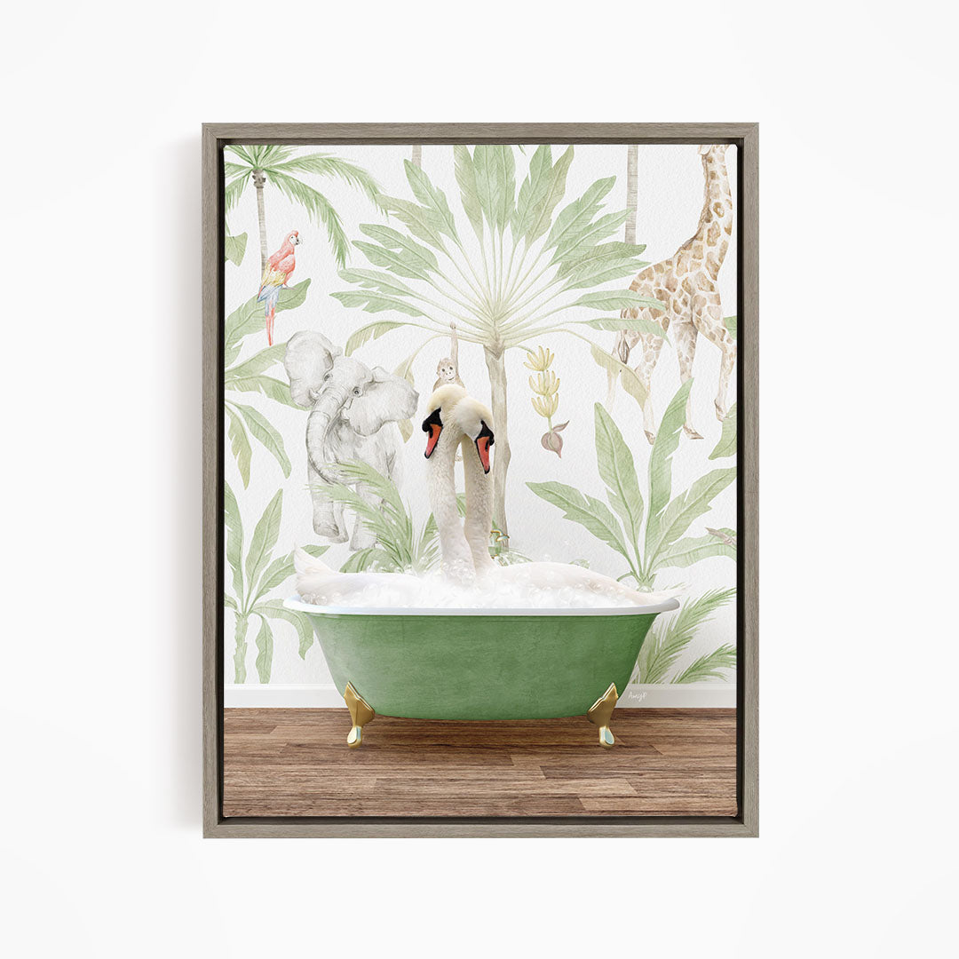 A framed print depicting a green bathtub filled with bubbles, surrounded by various animals such as a giraffe, elephant, and swans, all set against a tropical wallpaper background.