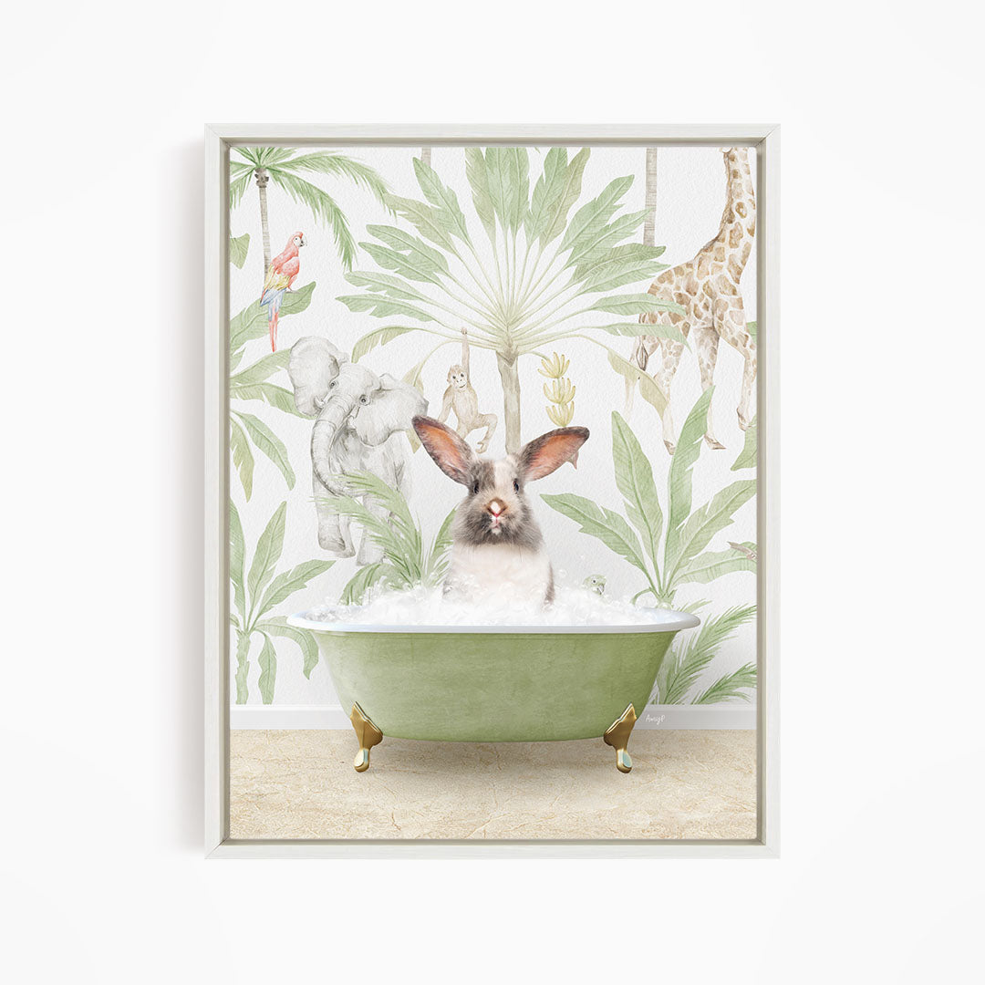 A rabbit sitting in a green bathtub filled with water, surrounded by tropical plants and animals, including a giraffe and a parrot.