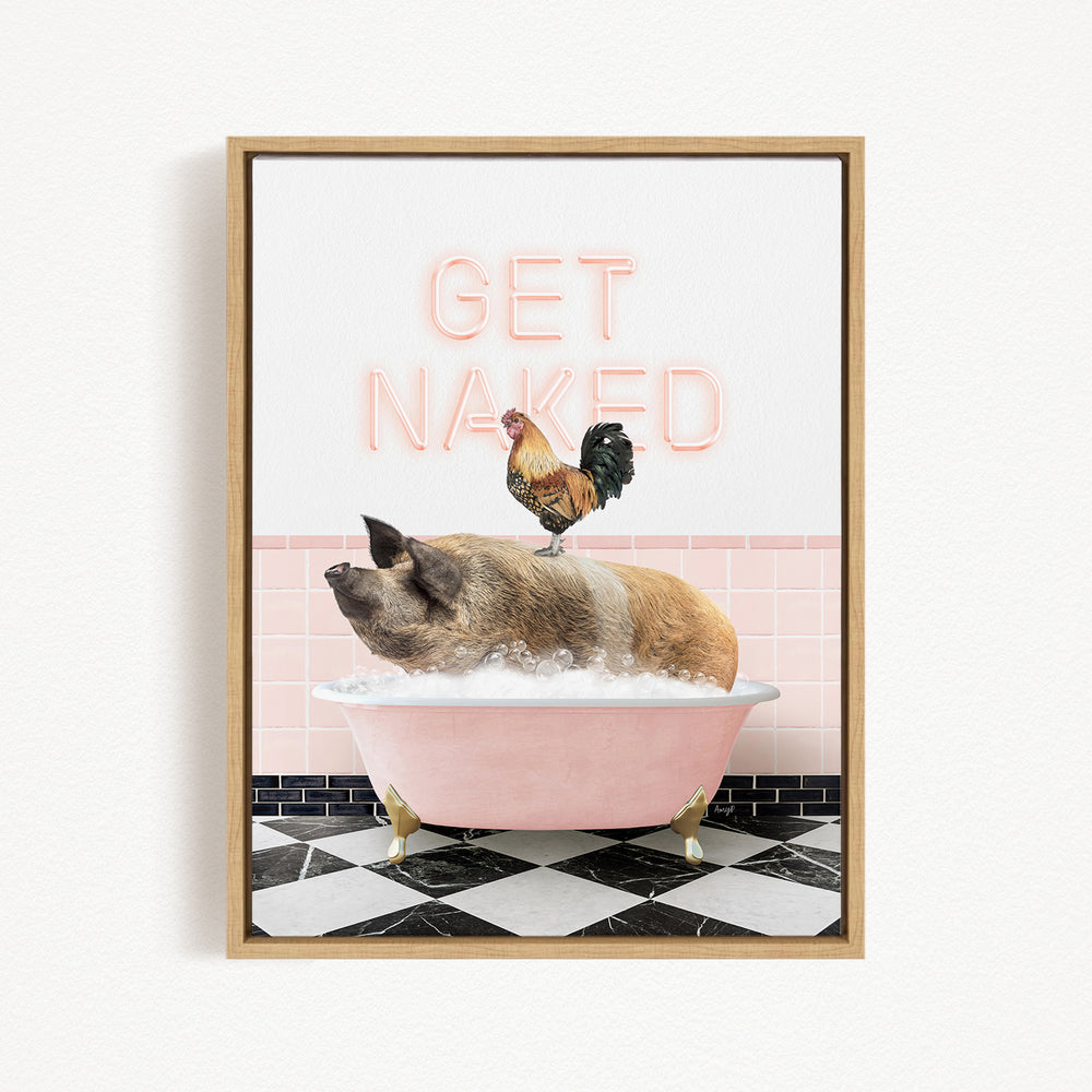 A pig sitting in a pink bathtub, with a rooster perched on its back, and a neon sign that says "GET NAKED" in the background.