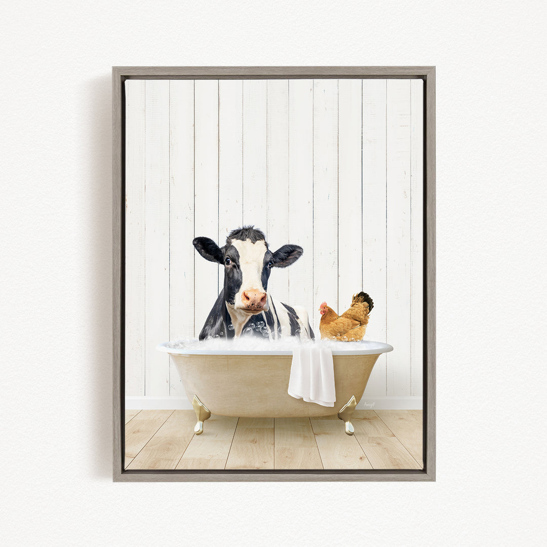A black and white cow sits in a bathtub filled with water, accompanied by a chicken.