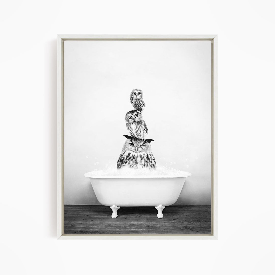 A black and white image of three owls sitting on a white bathtub, with one owl perched on top of the other two.