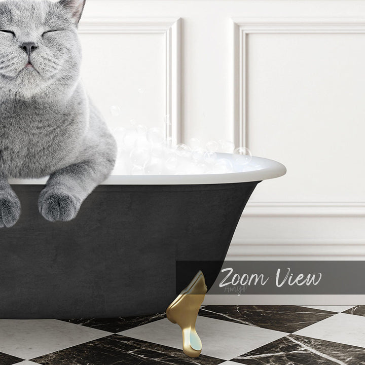 A gray cat sitting in a bathtub filled with bubbles, with a black and white checkered floor and a gold bathtub faucet visible in the image.