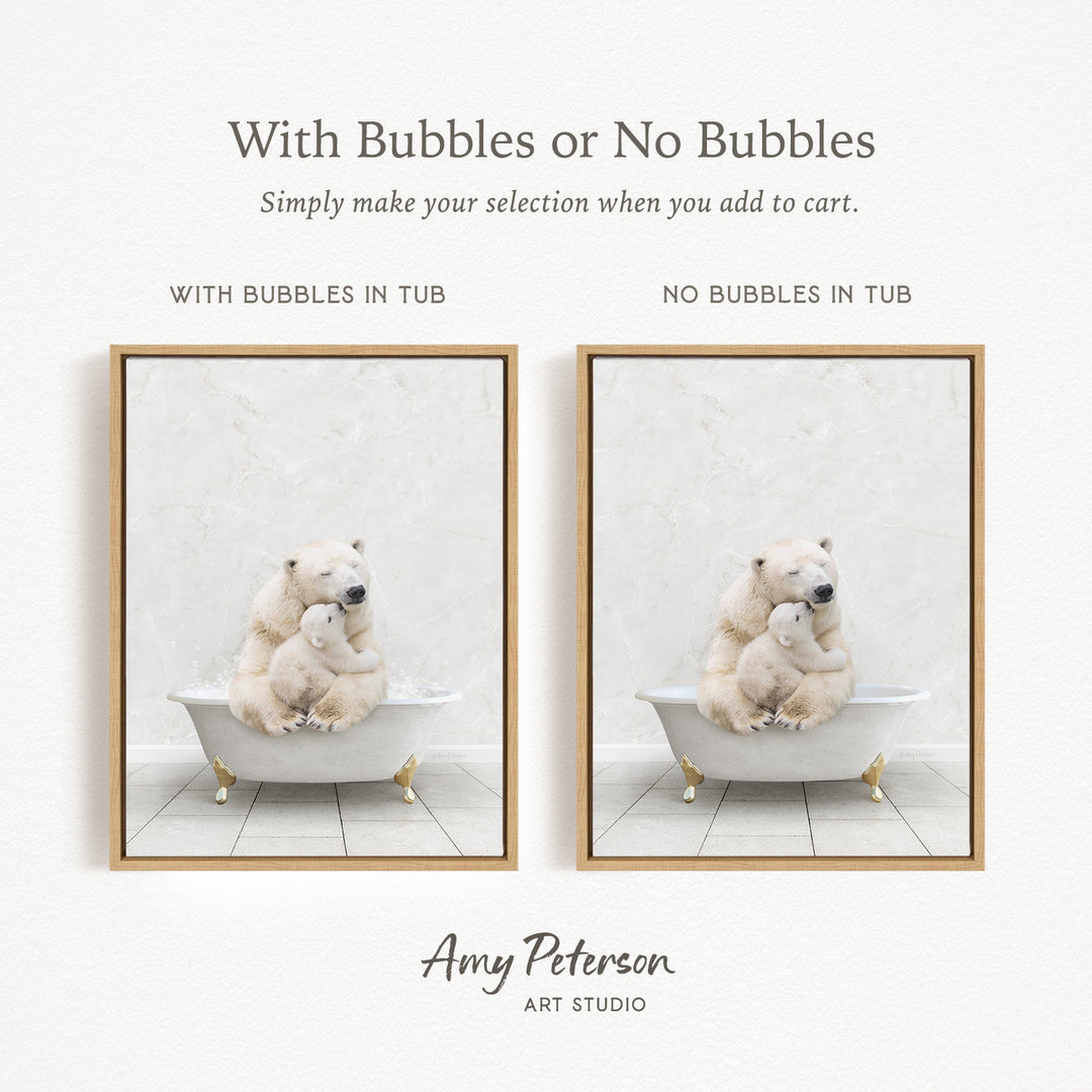 The image is a collage of two pictures featuring a polar bear and a cub sitting in a bathtub. The polar bear is sitting on the left side of the bathtub, while the cub is sitting on the right side. The image on the left has bubbles in the tub, while the image on the right does not have bubbles.