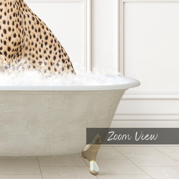 A leopard resting in a bathtub filled with water, with the text "Zoom View" below the image.