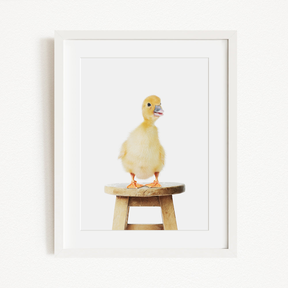 A small yellow duck standing on a wooden stool.