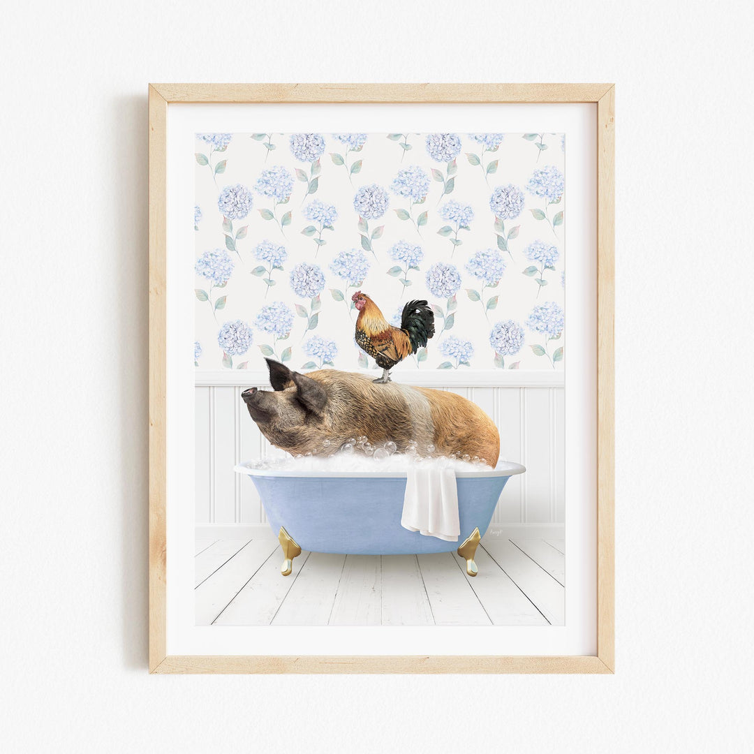 A pig is sitting in a bathtub filled with water, with a rooster perched on its back. The background features a floral pattern.