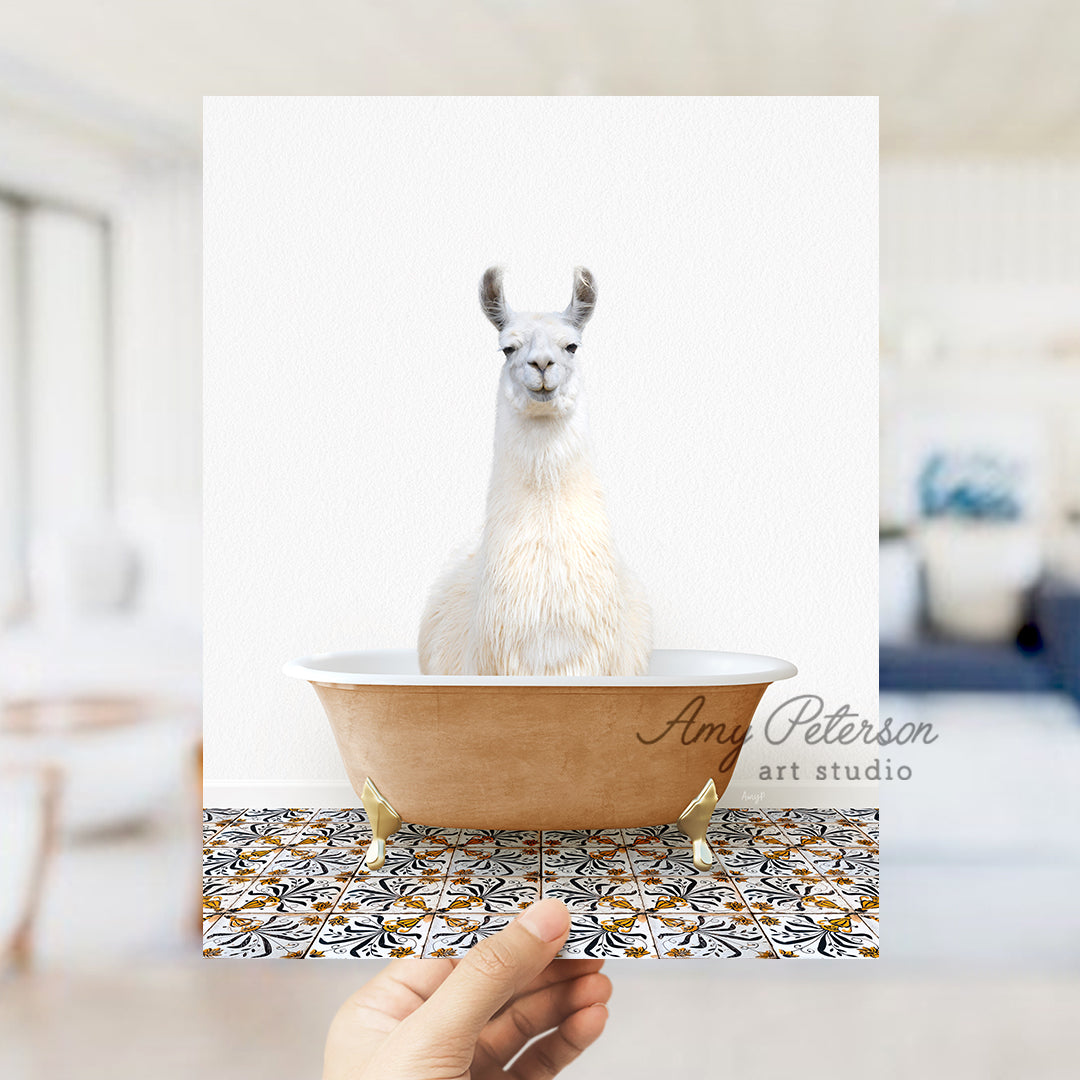 a llama in a bathtub with a hand holding a card