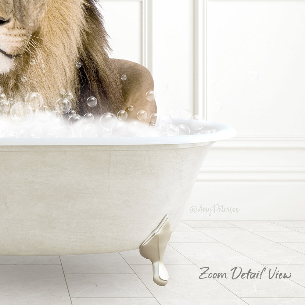 A lion relaxing in a bathtub filled with bubbles.