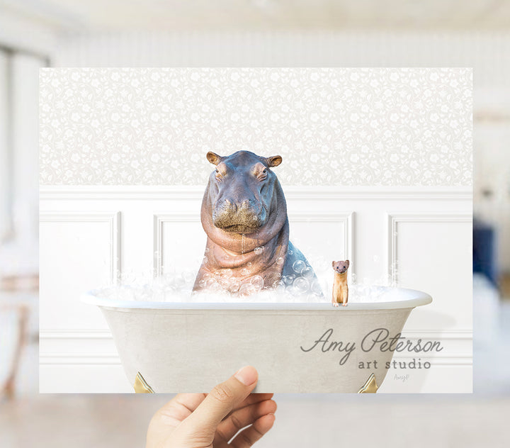 a hippo sitting in a bathtub with bubbles in it