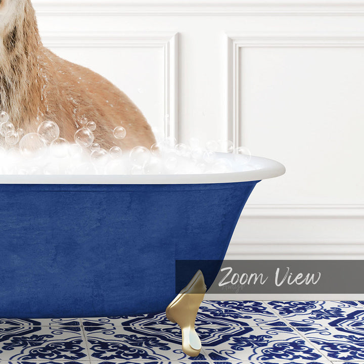A cat is sitting in a blue bathtub filled with bubbles, with a white wall and a patterned tile floor in the background.