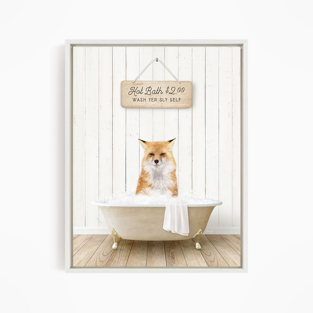 A framed image of a cat sitting in a bathtub, with a sign above it that reads "Hot Bath $2.00 WASH YER ILLY SELF".