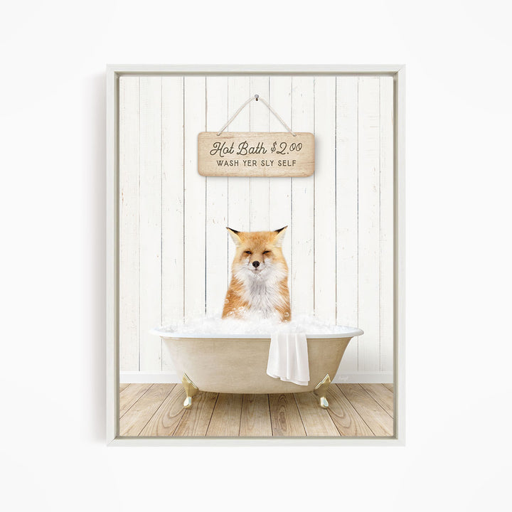A framed image of a cat sitting in a bathtub, with a sign above it that reads "Hot Bath $2.00 WASH YER ILLY SELF".
