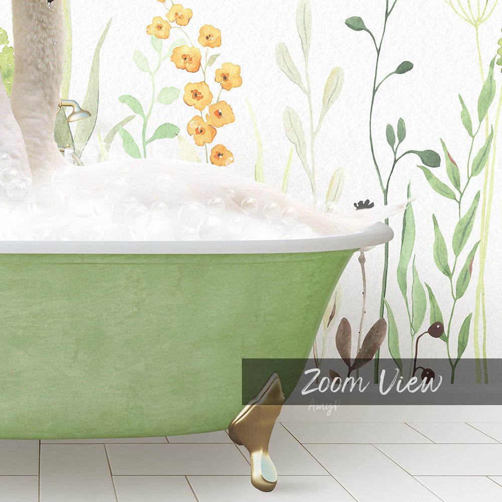 A green bathtub filled with bubbles, surrounded by a floral wallpaper and a plant-like decoration.