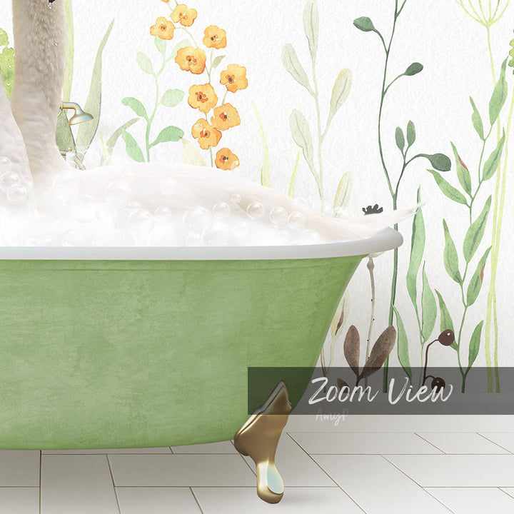 A green bathtub filled with bubbles, surrounded by a floral wallpaper and a plant-like decoration.