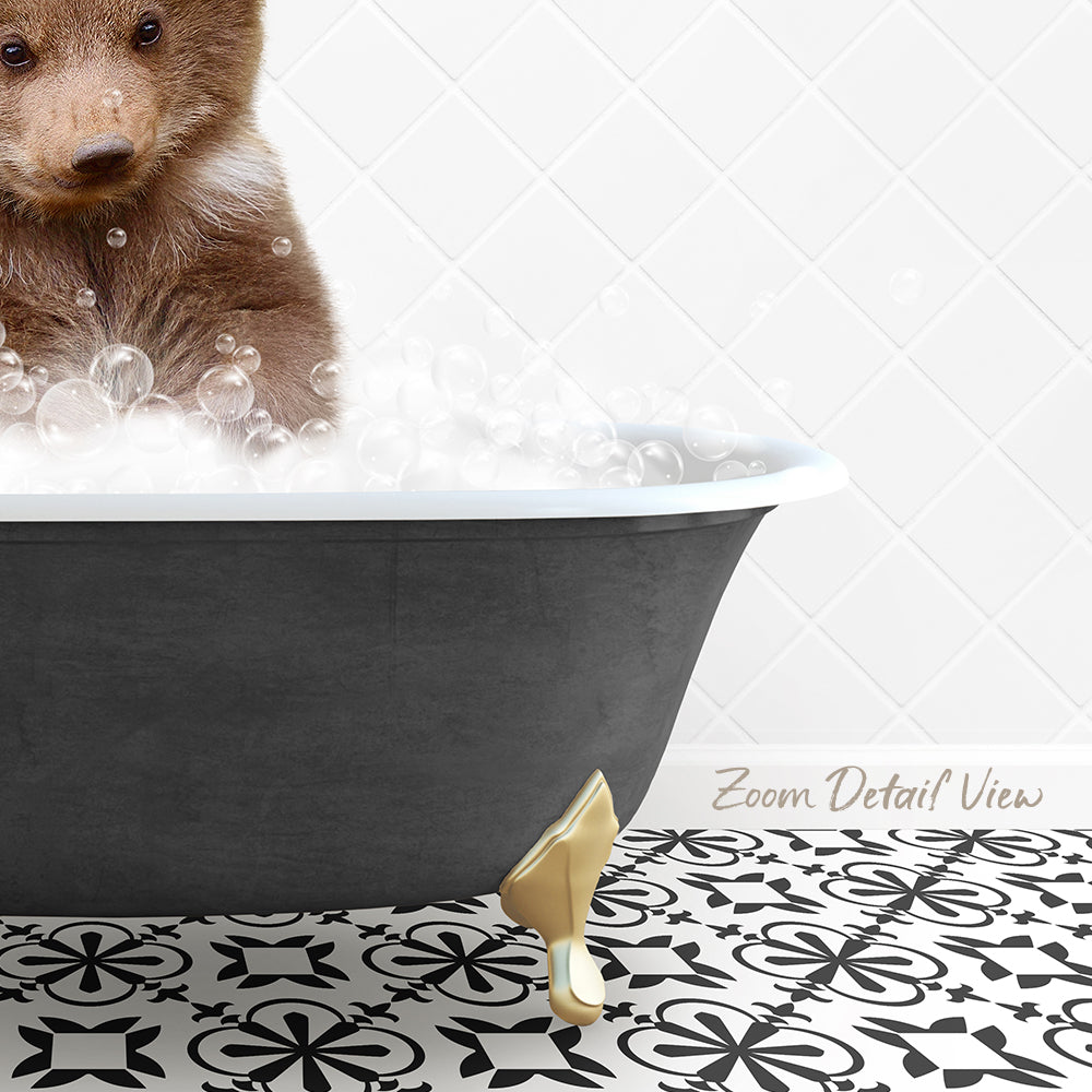 A brown bear is sitting in a bathtub filled with bubbles, with a patterned tile floor in the foreground.