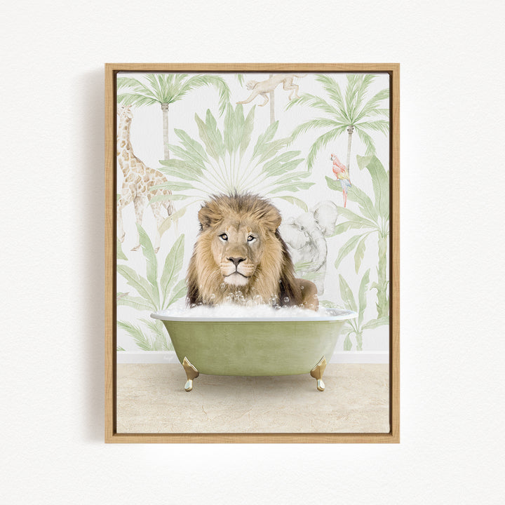 A lion is sitting in a green bathtub filled with water, surrounded by tropical foliage and animals.