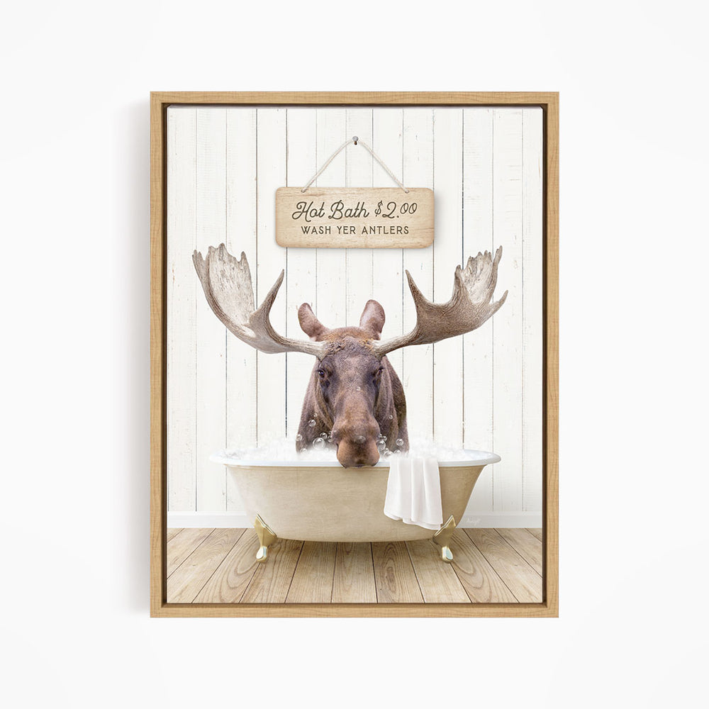 A moose with large antlers is sitting in a bathtub, with a sign above it that reads "Hot Bath $2.00 Wash Antlers".