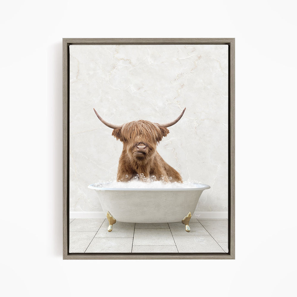 A Highland cow with long horns is sitting in a white bathtub filled with water, creating a whimsical and humorous scene.