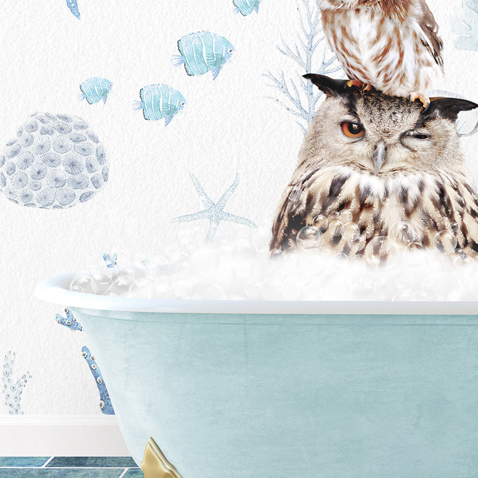 an owl sitting on top of a bath tub