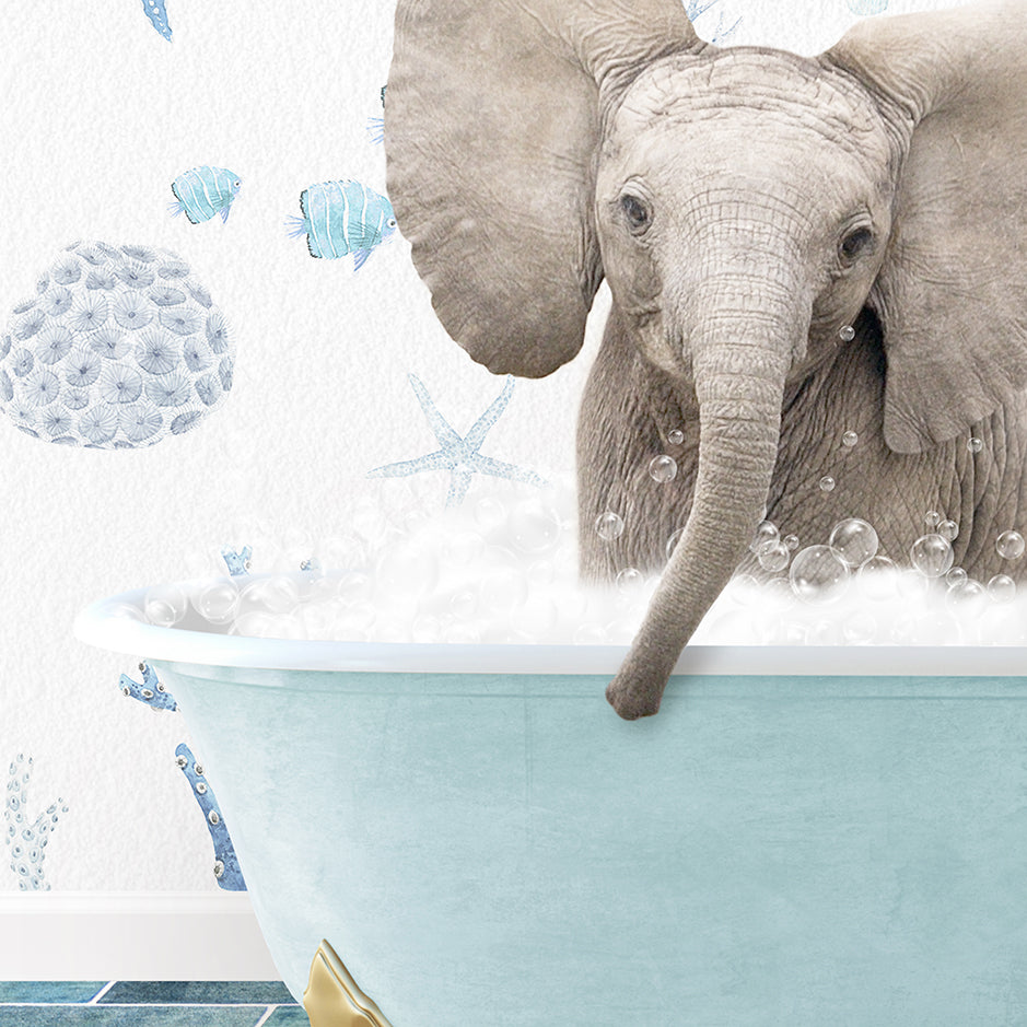 a baby elephant is taking a bath in a bathtub