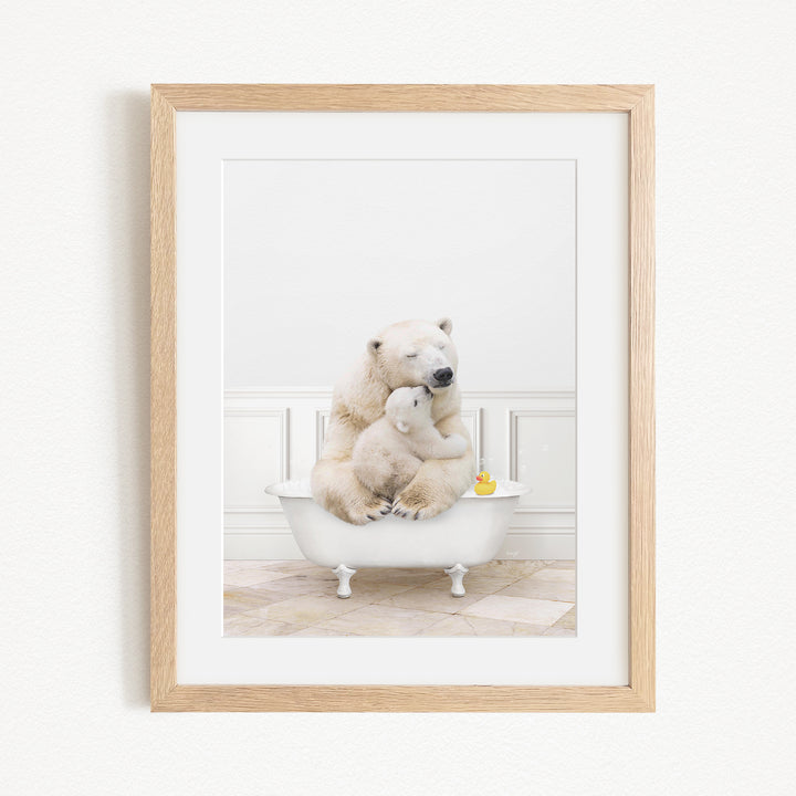 A mother polar bear and her cub cuddling in a bathtub, with a rubber duck floating in the water.