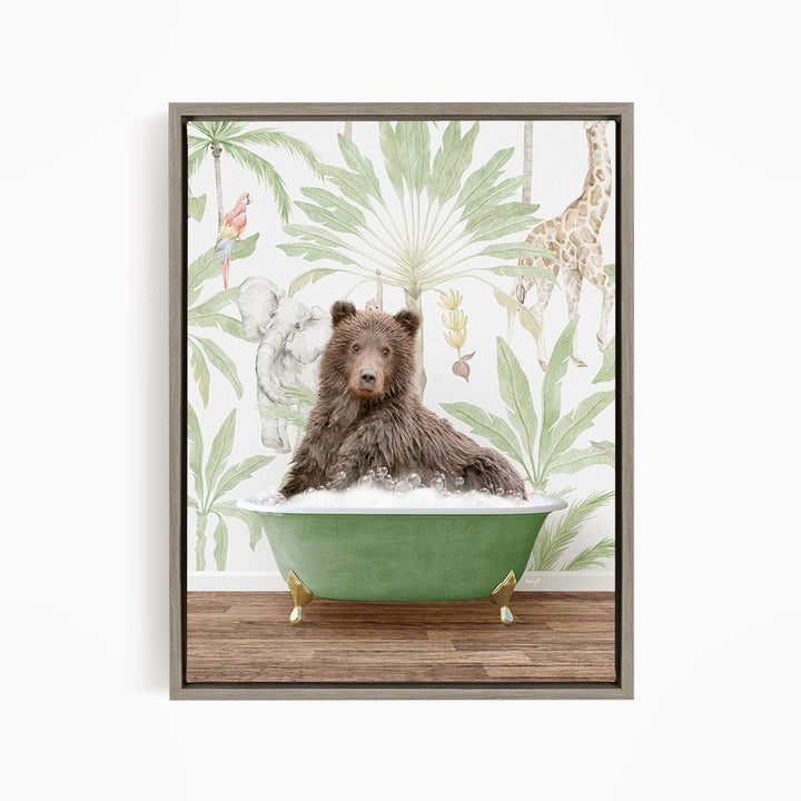 A brown bear is sitting in a green bathtub, surrounded by tropical foliage and animals, including a giraffe and a parrot.
