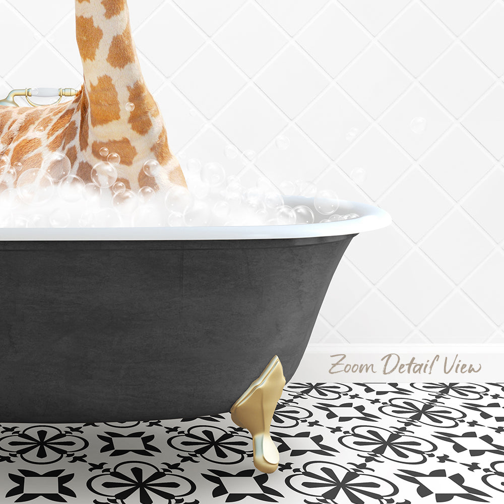 A giraffe standing in a bathtub filled with bubbles, with a patterned tile floor in the foreground.