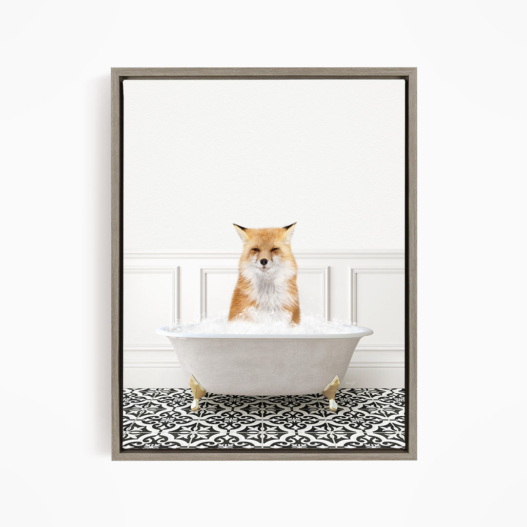 A red fox is sitting in a white bathtub filled with water, looking at the camera with a relaxed expression.