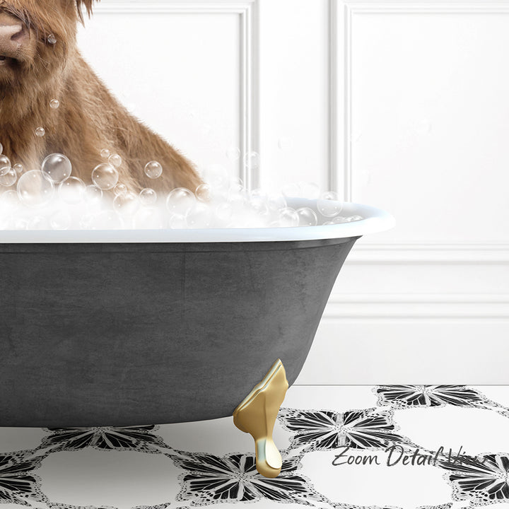A dog is sitting in a bathtub filled with bubbles, with a gold bathtub faucet and a black and white patterned floor visible in the background.