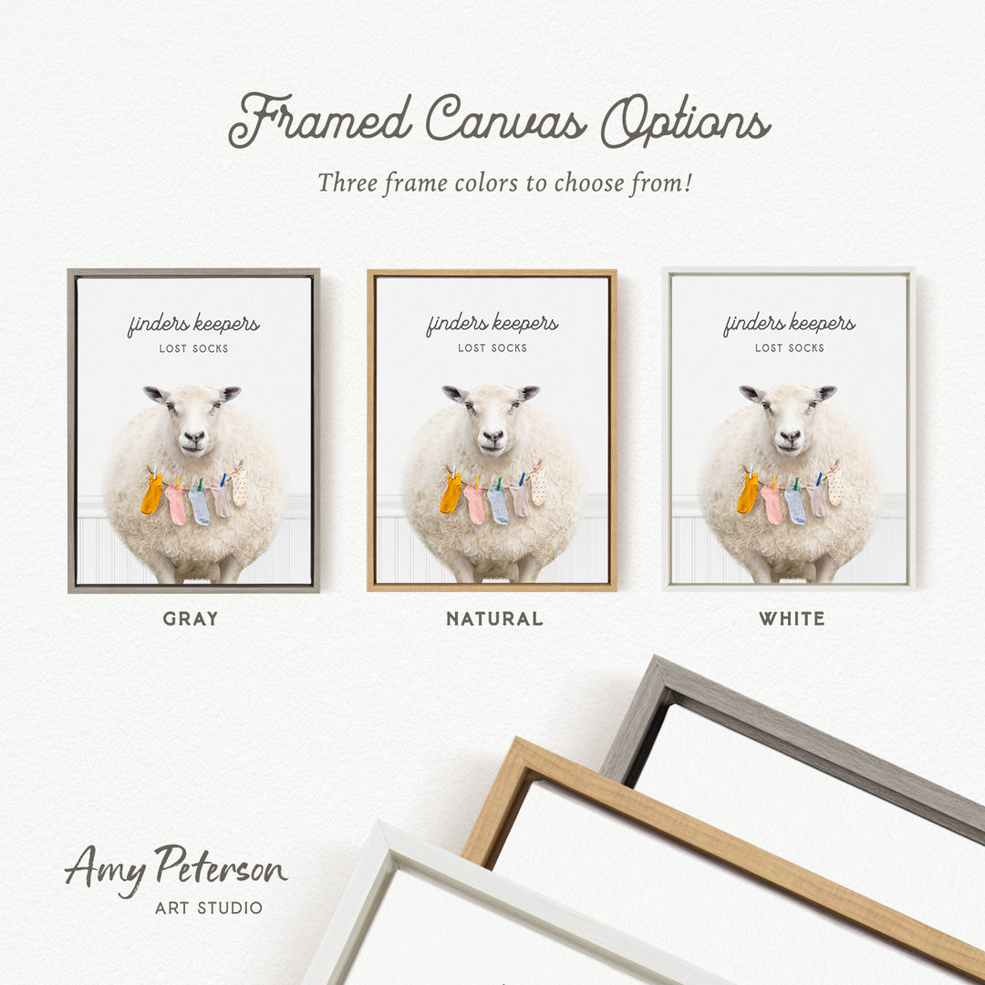 The image is a framed canvas option featuring three different color options for a framed artwork of a sheep.