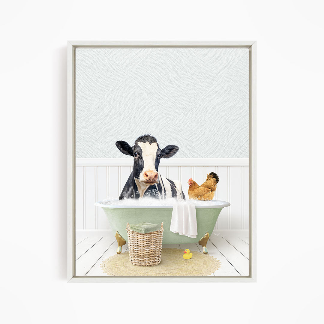 A cow is sitting in a bathtub filled with water, surrounded by a chicken and a rubber duck, creating a whimsical and playful scene.