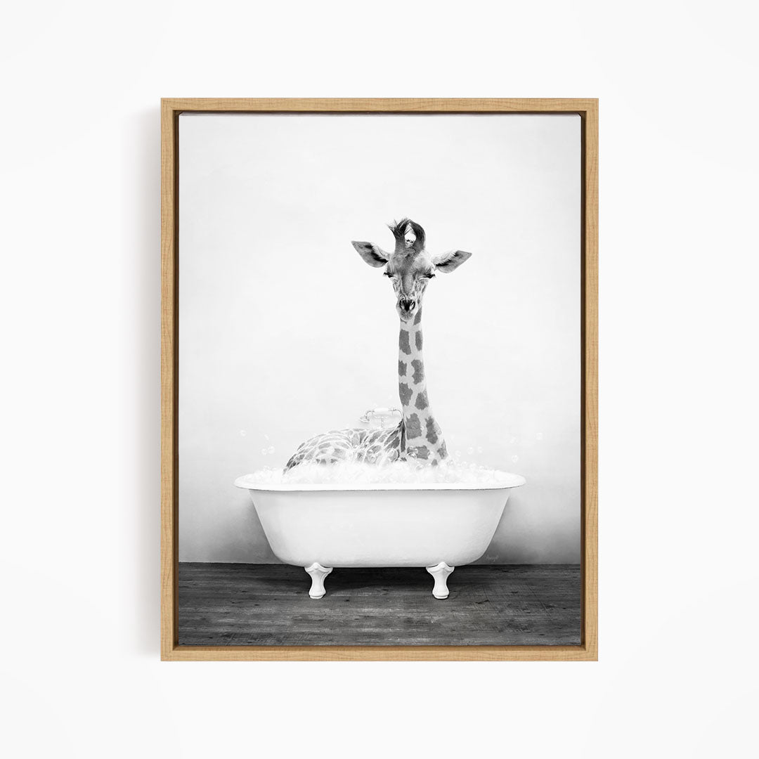 A giraffe sitting in a white bathtub filled with water, creating a whimsical and playful scene.