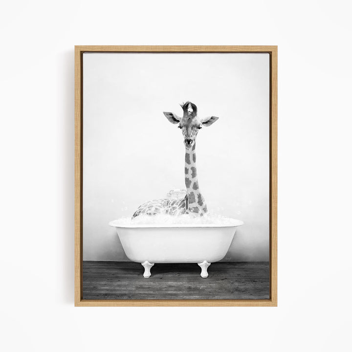 A giraffe sitting in a white bathtub filled with water, creating a whimsical and playful scene.