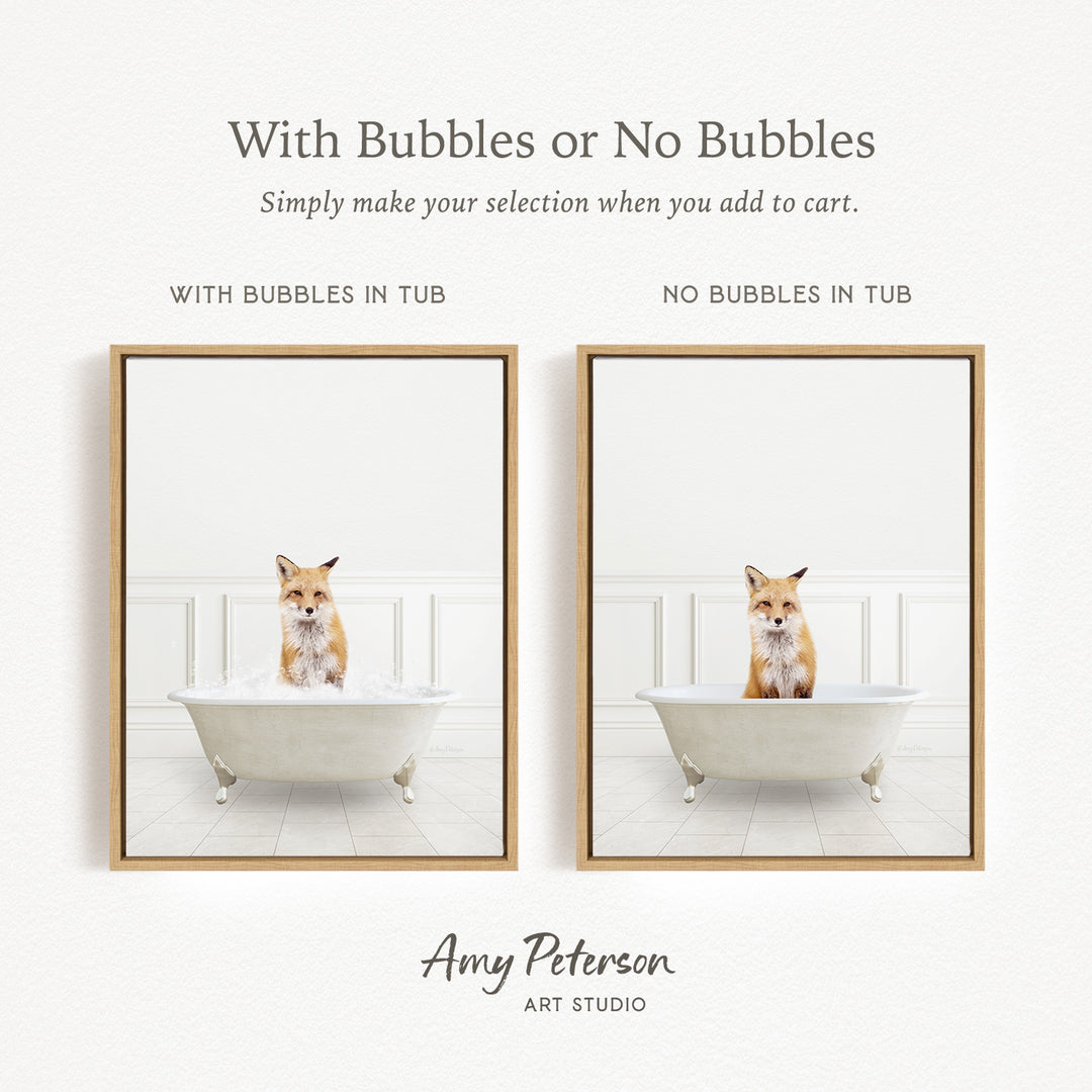 The image is a collage of two framed pictures, each featuring a cat sitting in a bathtub. The cat appears to be a fox, and the bathtub is white. The text above the images reads "With Bubbles or No Bubbles" and below the images, it says "Simply make your selection when you add to cart."