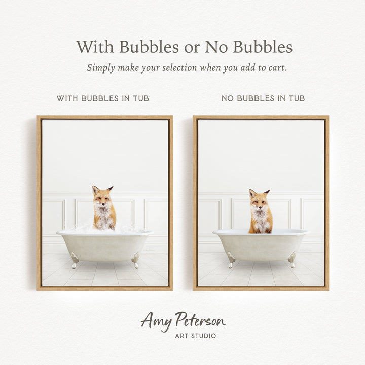 The image is a collage of two framed pictures, each featuring a cat sitting in a bathtub. The cat appears to be a fox, and the bathtub is white. The text above the images reads "With Bubbles or No Bubbles" and below the images, it says "Simply make your selection when you add to cart."