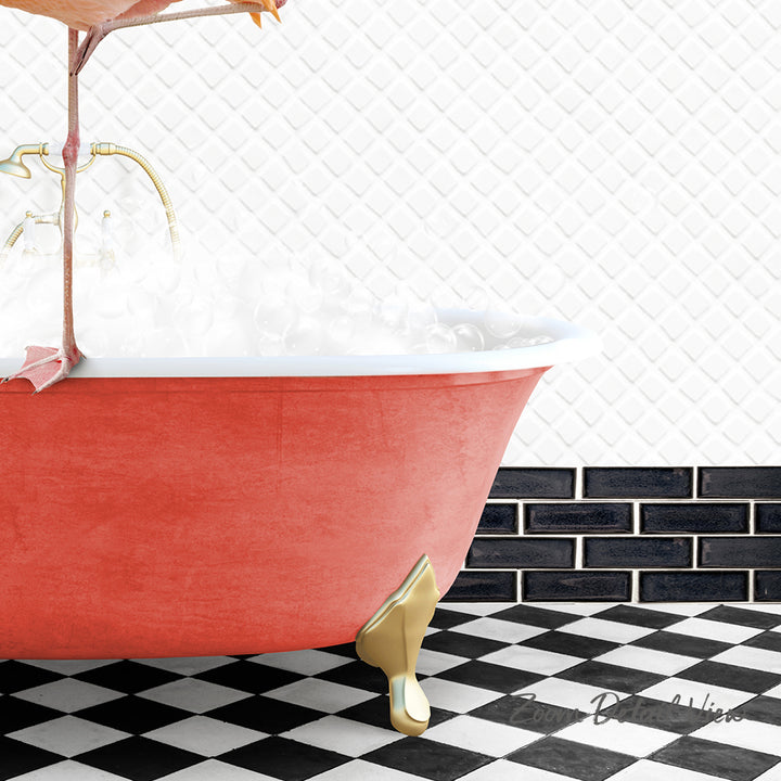 A red clawfoot bathtub filled with water, situated on a black and white checkered floor.
