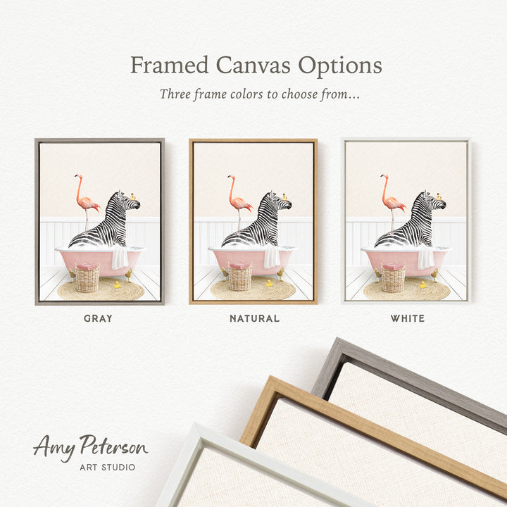 three framed canvas options featuring a zebra and a flamingo in a pink bathtub, with three different frame colors to choose from: gray, natural, and white.