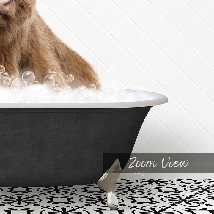 A brown dog is sitting in a bathtub filled with bubbles, with a black and white patterned tile floor in the foreground.