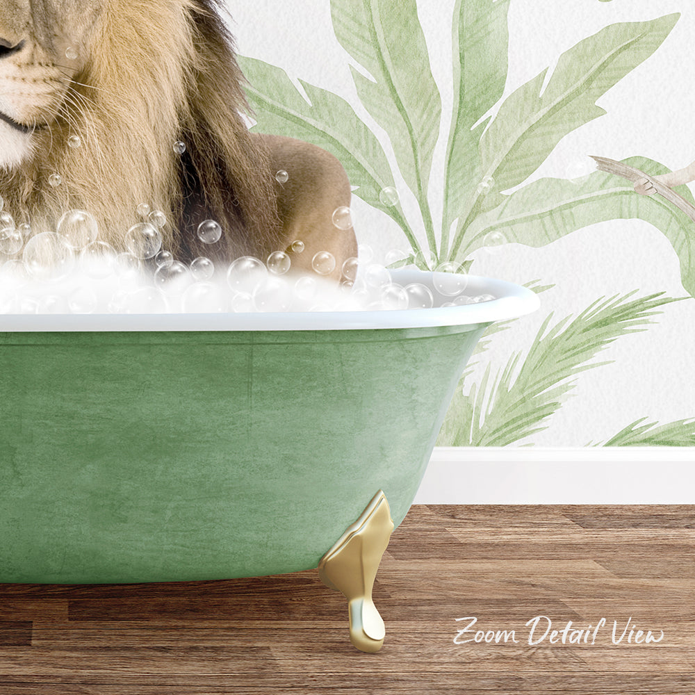 A lion is sitting in a green bathtub filled with bubbles, surrounded by a tropical plant wallpaper.