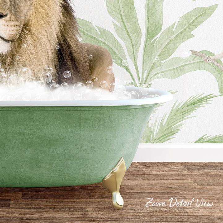 A lion is sitting in a green bathtub filled with bubbles, surrounded by a tropical plant wallpaper.