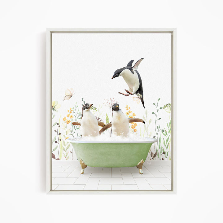 A framed image depicting two penguins sitting in a green bathtub, surrounded by flowers and butterflies.